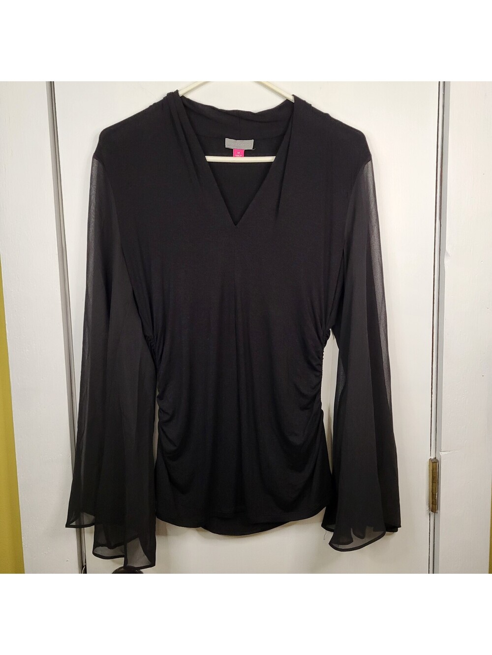 Vince camuto black V-neck top sheer chiffon flared sleeves and ruched sides Med
